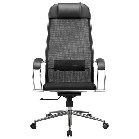 Кресло офисное МЕТТА "К-16" хром, ткань-сетка/экокожа, сиденье мягкое, черное