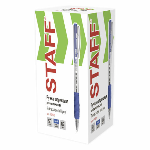Ручка шариковая автоматическая с грипом STAFF "Basic" BPR-820, СИНЯЯ, узел 0,7 мм, линия письма 0,35 мм, 142820