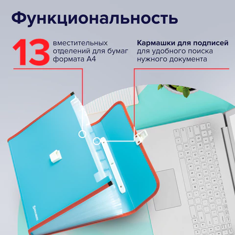 Папка-портфель пластиковая BRAUBERG "JOY", А4 (330х245х35 мм), 13 отделений, с окантовкой, бирюзовая, 227976