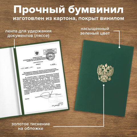 Папка адресная бумвинил с гербом России, формат А4, зеленая, индивидуальная упаковка, STAFF "Basic", 129581