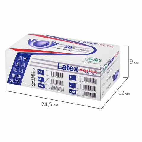 Перчатки латексные смотровые сверхпрочные SFM HIGH RISK ULTRA, Германия, 25 пар (50 штук), размер 7-8, M (средний)