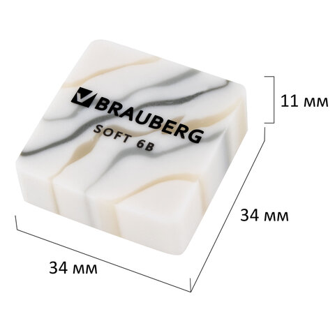Ластик BRAUBERG "MARBLE", 34х34х11 мм, квадратный, экологичный ПВХ, ассорти, 272726