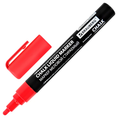 Маркер меловой CHALK LIQUID MARKER, КРАСНЫЙ, 3 мм, стираемый, BRAUBERG "CHALK", 152589