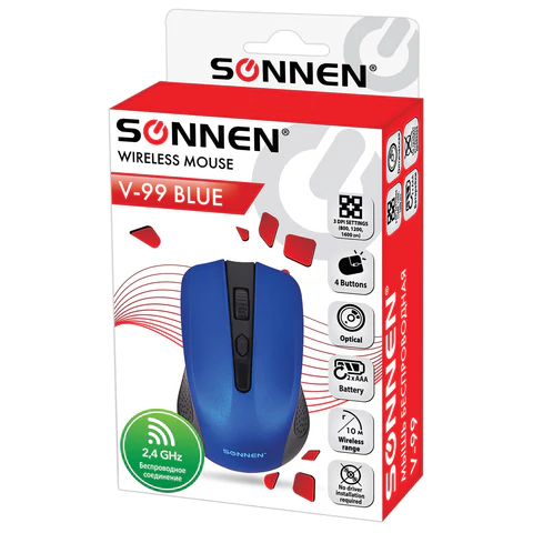 Мышь беспроводная SONNEN V99, USB, 1000/1200/1600 dpi, 4 кнопки, оптическая, синяя, 513530