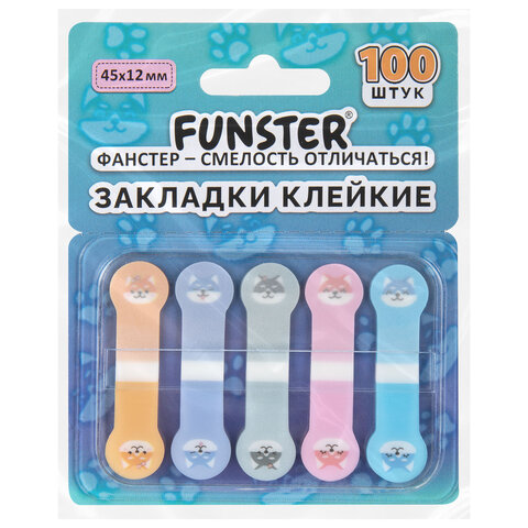 Закладки клейкие Z-сложения FUNSTER (ФАНСТЕР) "Собаки", 45х12 мм, 100 шт. (5 цветов х 20 листов), в диспенсере, 116692