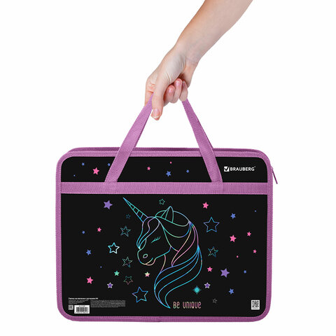 Папка на молнии с ручками BRAUBERG А4, 1 отделение, пластик, 80 мм, "Radiant unicorn", 273369