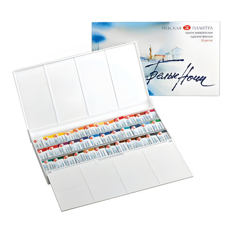 Краски акварельные художественные "Белые ночи", 36 цветов, кювета 2,5 мл, палитра, пластиковая коробка, Невская Палитра, 1942258