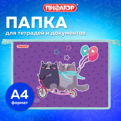 Папка для тетрадей ПИФАГОР А4, 1 отделение, картон/пластик, на молнии, "Веселая поездка", 272125