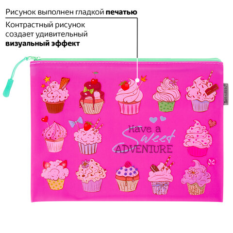 Папка для тетрадей A5 BRAUBERG, мягкий, водонепроницаемая молния, "Cupcakes", 25х20 см, 229260