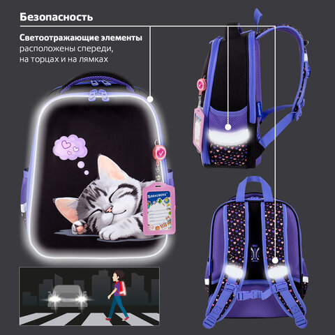 Ранец BRAUBERG FIT, 2 отделения, Sleeping kitten, велюровая панель, 38х27х14 см, 273107