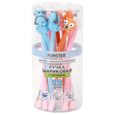 Ручка с топпером шариковая масляная FUNSTER (ФАНСТЕР) "TOPPER MIX", СИНЯЯ, корпус ассорти, пишущий узел 0,7 мм, линия письма 0,35 мм, 144368