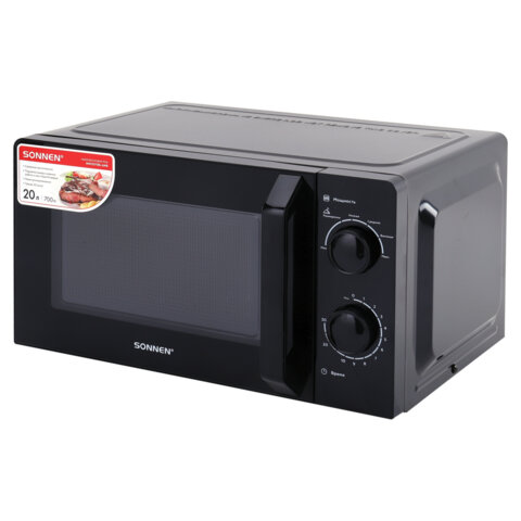 Микроволновая печь SONNEN MW2070BL-6MB, 20 л, 700 Вт, таймер, механическое управление, ручка, черная, 454983