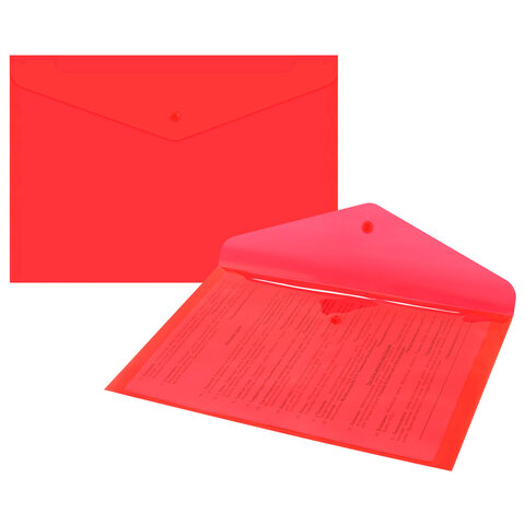 Папка-конверт с кнопкой прозрачная А4, BRAUBERG "UNIVERSAL", до 100 листов, красная, 0,15 мм, 273073