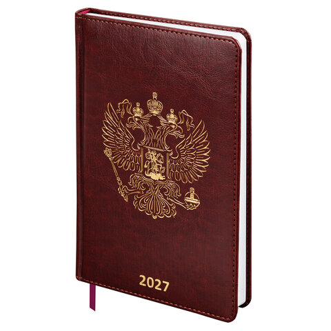 Ежедневник датированный 2027, А5, 138х213 мм, BRAUBERG "State", под кожу, коричневый, 118041