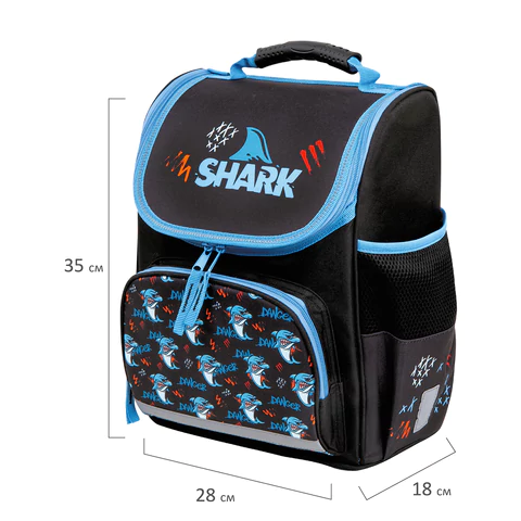 Ранец ПИФАГОР BASIC, 1 отделение, 3 кармана, эргономичная спинка, "Angry shark", 35х28х18 см, 272044