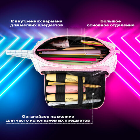 Пенал-косметичка BRAUBERG с ручкой, 1 откидная планка, полиэстер, 22x10х8 см, "Checkered white", 271558