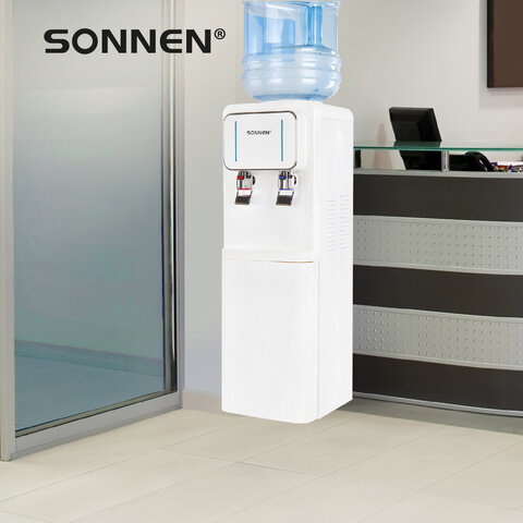Кулер для воды SONNEN FSE-02Wc, напольный, НАГРЕВ/ОХЛАЖДЕНИЕ ЭЛЕКТРОННОЕ, шкаф, 2 крана, белый, 456167