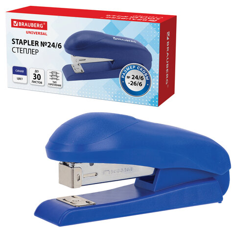 Степлер №24/6, №26/6 BRAUBERG "UNIVERSAL", до 30 листов, на 100 скоб, синий, 272718