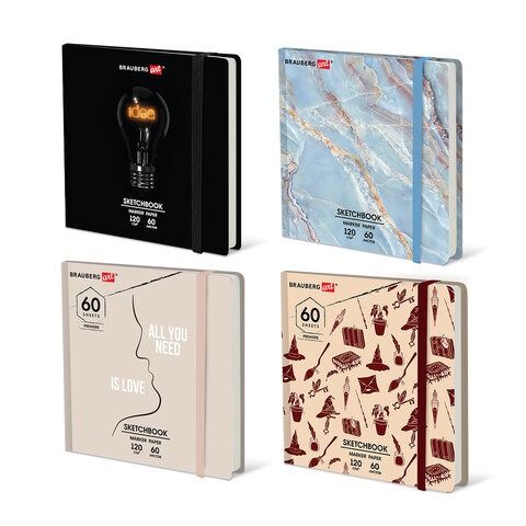 Скетчбук для маркеров 120 г/м2, 195х195 мм, 60 л., твердая обложка, резинка, BRAUBERG ART PREMIERE, МИКС, 115106