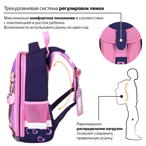 Ранец BRAUBERG PREMIUM, 2 отделения, с брелоком, "Paw prints", велюровая панель, 38х29х16 см, 273098