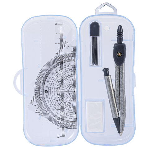 Готовальня ПИФАГОР 8 предметов: циркуль 120 мм, чертежные принадлежности, пластиковый пенал, 210860