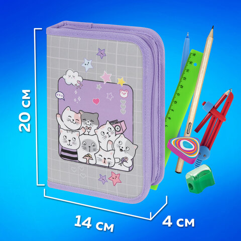 Пенал ПИФАГОР, 1 отделение, 2 откидные планки, полиэстер, 20х14 см, "Cats selfie", 273477