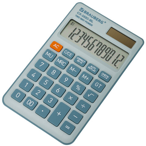 Калькулятор карманный BRAUBERG CX-102C-BL (76x126 мм), 12 разрядов, двойное питание, ГОЛУБОЙ, 272649