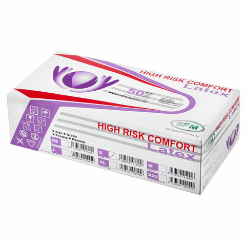 Перчатки латексные смотровые особо прочные SFM HIGH RISK COMFORT, Германия, 25 пар (50 штук), размер 6-7, S (малый)