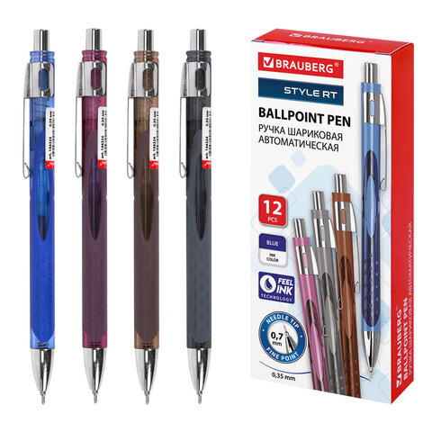 Ручка шариковая автоматическая с грипом BRAUBERG "STYLE RT", СИНЯЯ, игольчатый наконечник 0,7 мм, линия письма 0,35 мм, 144324
