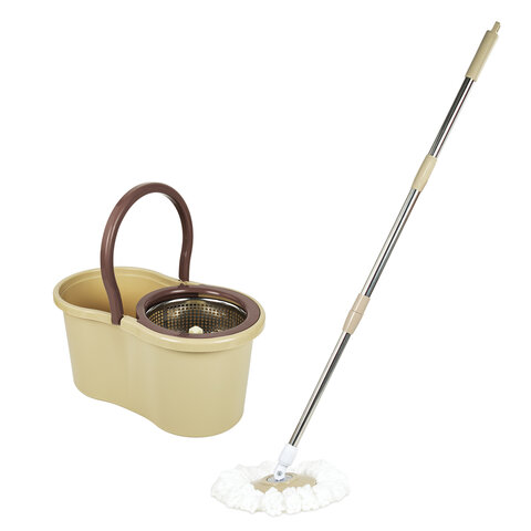Швабра с отжимом и ведром 7л/5л, отжим центрифуга / рукоятка, 2 круглые насадки, крепление кольцо, бежевый, LAIMA, 607488