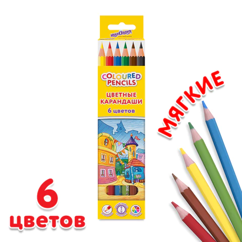 Карандаши цветные ЮНЛАНДИЯ "ДОМИКИ", 6 цветов, шестигранные, грифель 3 мм, 181835