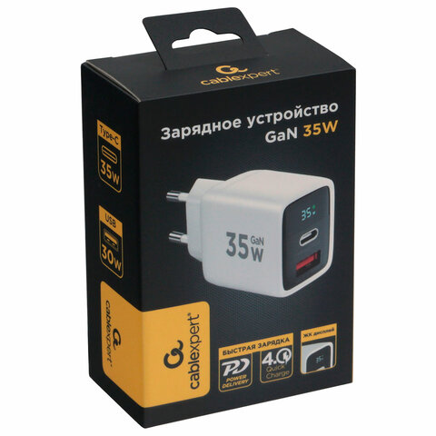 Зарядное устройство сетевое (220В) CABLEXPERT, дисплей, 35 Вт GaN, QC4/PD3, 1хUSB, 1хType-C, MP3A-PC-52