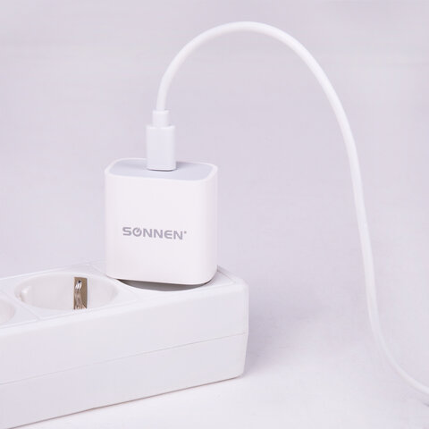 Зарядное устройство быстрое сетевое (220 В) SONNEN, Type-C PD 20 Вт, 3 A, белое, 455507