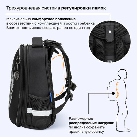 Ранец BRAUBERG SHINY, 2 отделения, с брелоком, "Царь зверей", светящийся рисунок, 38х28х14 см, 272039