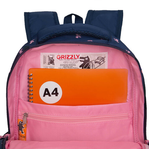 Рюкзак GRIZZLY школьный, анатомическая спинка, 2 отделения, для девочек, "PINK BOWS", 39х30х20 см, RG-568-2/3