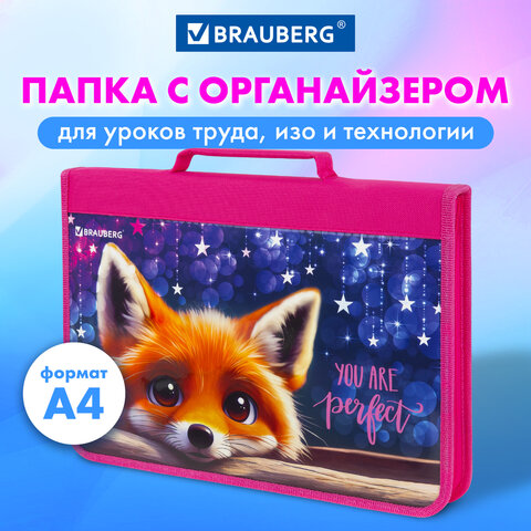 Папка на молнии BRAUBERG А4 с ручкой, с органайзером, 1 отделение, "Cute fox", 272217