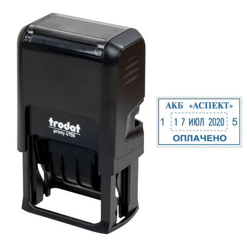 Датер со свободным полем, месяц БУКВАМИ, оттиск 41х24 мм, синий, TRODAT 4750 P4, корпус черный, 141304