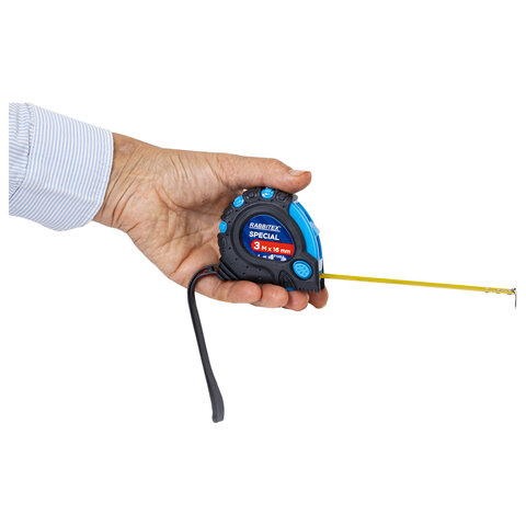 Рулетка измерительная 3 м х 16 мм, обрезиненный корпус, 3 фиксатора, RABBITEX (РАББИТЕКС) Special, 671353