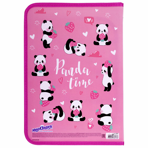 Папка для труда на молнии ЮНЛАНДИЯ А4, 1 отделение, откидная планка, органайзер, "Panda time", 270983