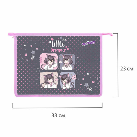 Папка для тетрадей ЮНЛАНДИЯ А4, 1 отделение, пластик, на молнии, "Anime dreamer", 273349