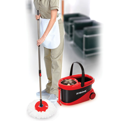 Швабра с отжимом и ведром 19л/9л на колесах и ручкой для перевозки, отжим центрифуга, 2 круглые насадки, черно-красный, LAIMA, 606303, M029B