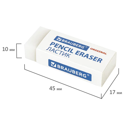 Ластик BRAUBERG "Original", 45х17х10 мм, белый, прямоугольный, экологичный ПВХ, картонный держатель, 228076