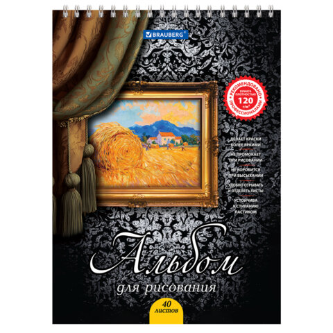 Альбом для рисования, А4, 40 листов, гребень, выборочный лак, подложка, 120 г/м2, BRAUBERG, 205х290 мм, "Картина" (2 вида), 102834