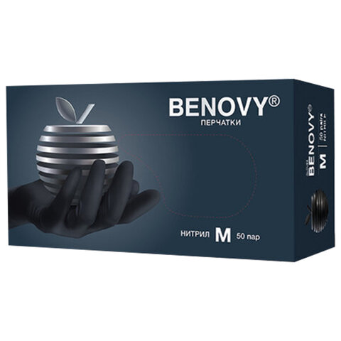 Перчатки нитриловые смотровые 50 пар (100 штук), размер 7-8, M (средний), черные, BENOVY MultiColor, К