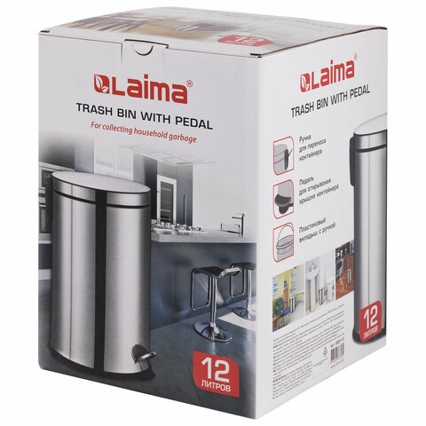 Ведро мусорное с педалью 12 литров "Classic Plus", ЗЕРКАЛЬНОЕ, нержавеющая сталь, со съемным внутренним ведром, LAIMA, ТУРЦИЯ, 608113