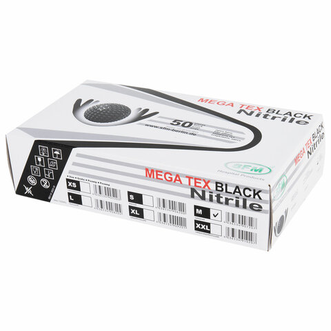 Перчатки нитриловые сверхпрочные с текстурой SFM MEGA TEX BLACK, Германия, 25 пар (50 штук), размер 7-8 (средний)