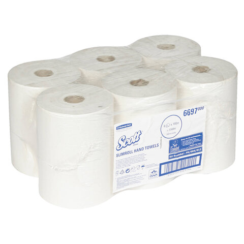 Полотенца бумажные рулонные KIMBERLY-CLARK Scott, КОМПЛЕКТ 6 шт., Slimroll, 190 м, белые, 6697