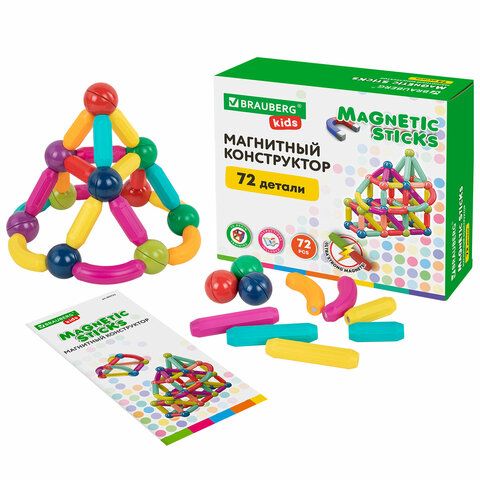 Магнитный конструктор MAGNETIC STICKS, 72 магнитные детали, BRAUBERG KIDS, 665722