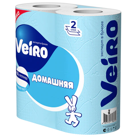 Бумага туалетная бытовая, спайка 4 шт., 2-х слойная (4х15 м), VEIRO "Домашняя", белая, 1с24