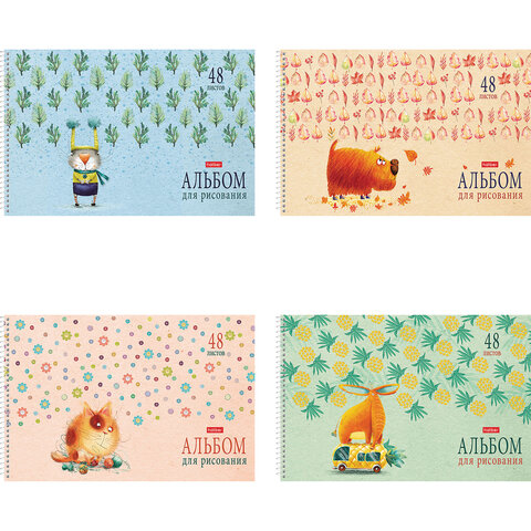 Альбом для рисования А4 48 л., спираль, обложка картон, HATBER, 205х290 мм, "Счастливчики" (4 вида), 067355, 48А4Всп